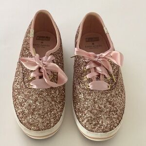 Kate Spade/Keds Rose Gold Glitter Sneakers Ribbon Tie Whimsical Sparkle Logo